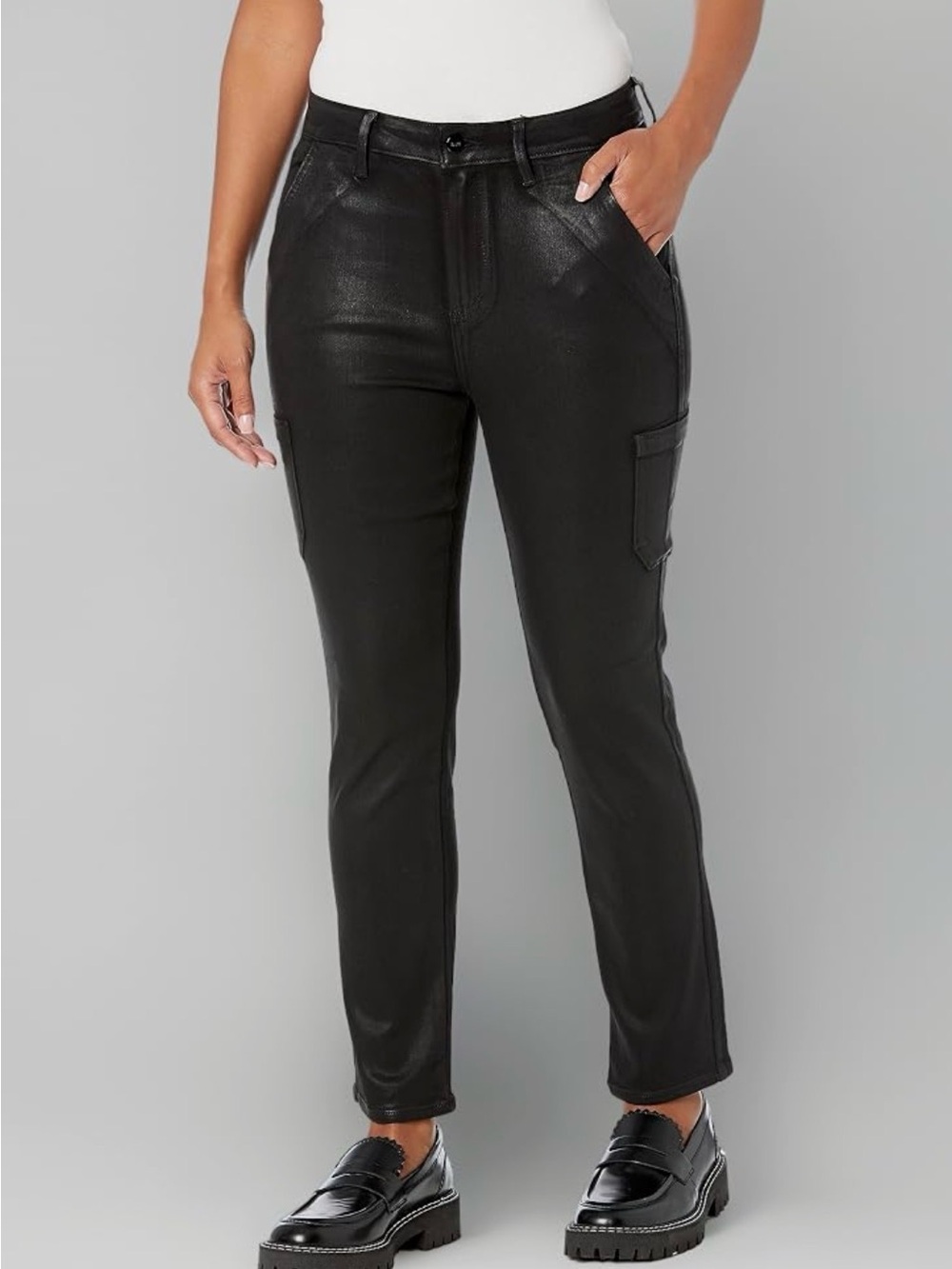 PAIGE Coated Cargo Skinny Jeans Black Size 27 Utility Faux Leather